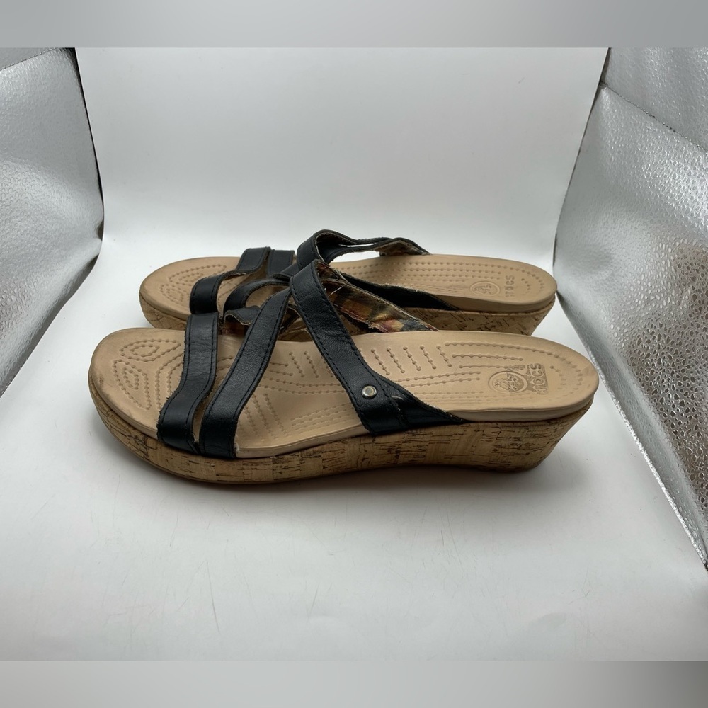 Crocs A Leigh Black Leather Cork Wedges Size 8